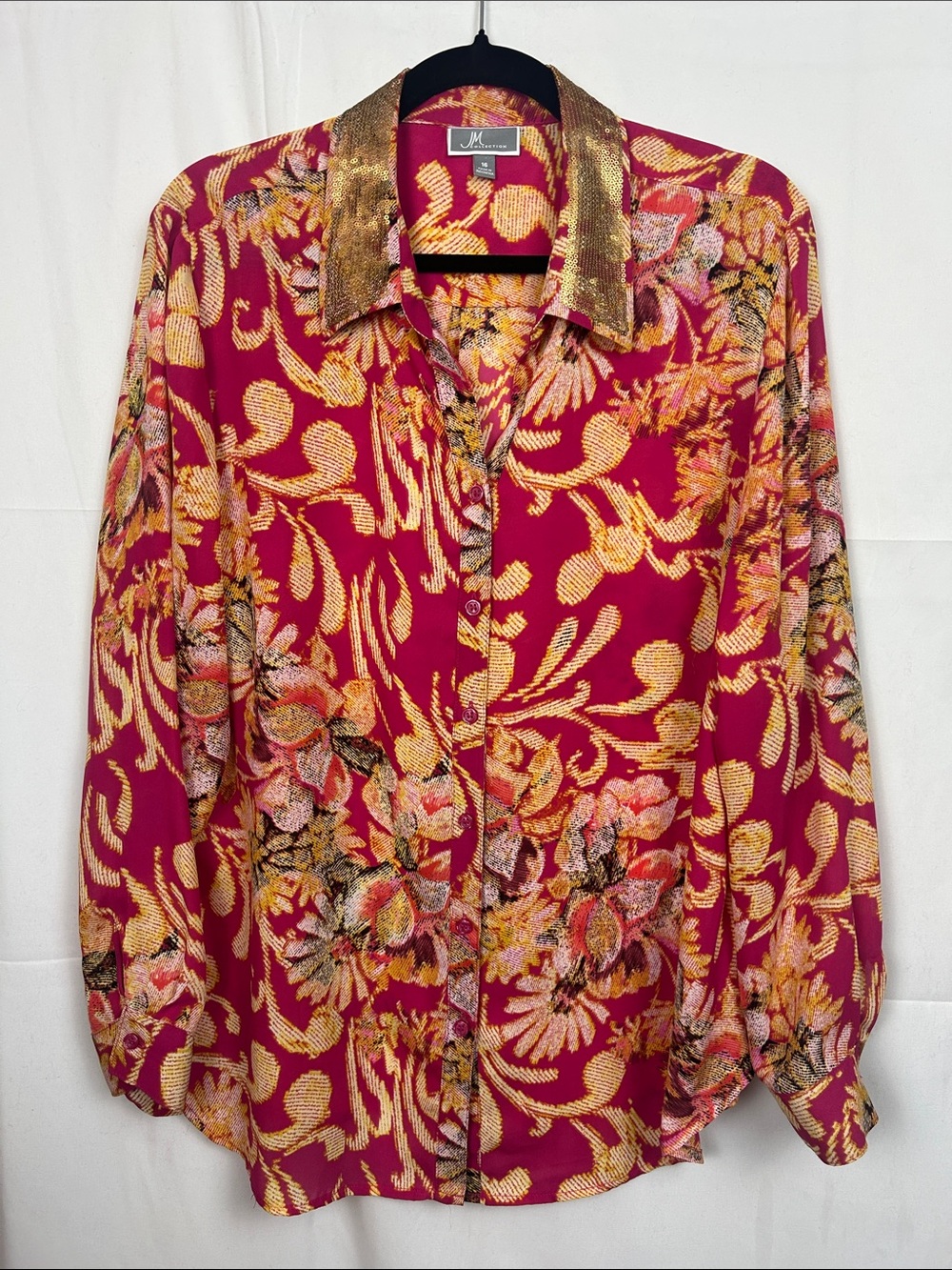 JM Collection Fuchsia Floral Button-Down Shirt with Gold Collar